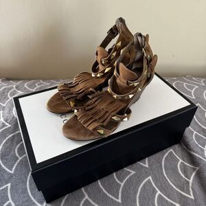 ASH Brown Suede Fringe Studded Leather Gladiator Studded Sandal Heels Sz 36
